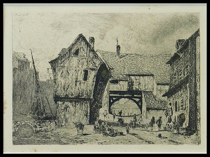 Paul Huet "Old Houses At Honfleur Port" Original Etching Framed With Box 1866