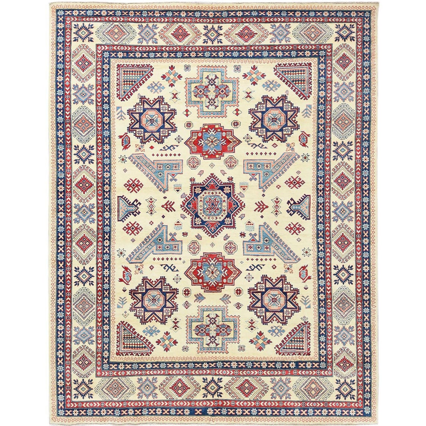 9'1"X11'7" Hand Knotted Ivory Afghan Special Kazak Natural Wool Rug