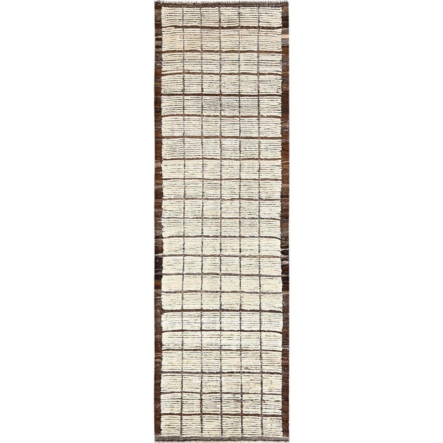 2'9"X9'5" Ivory Hand Knotted Rug Moroccan Weave Grid Design Wool Runner