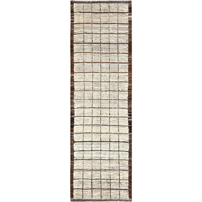 2'9"X9'5" Ivory Hand Knotted Rug Moroccan Weave Grid Design Wool Runner