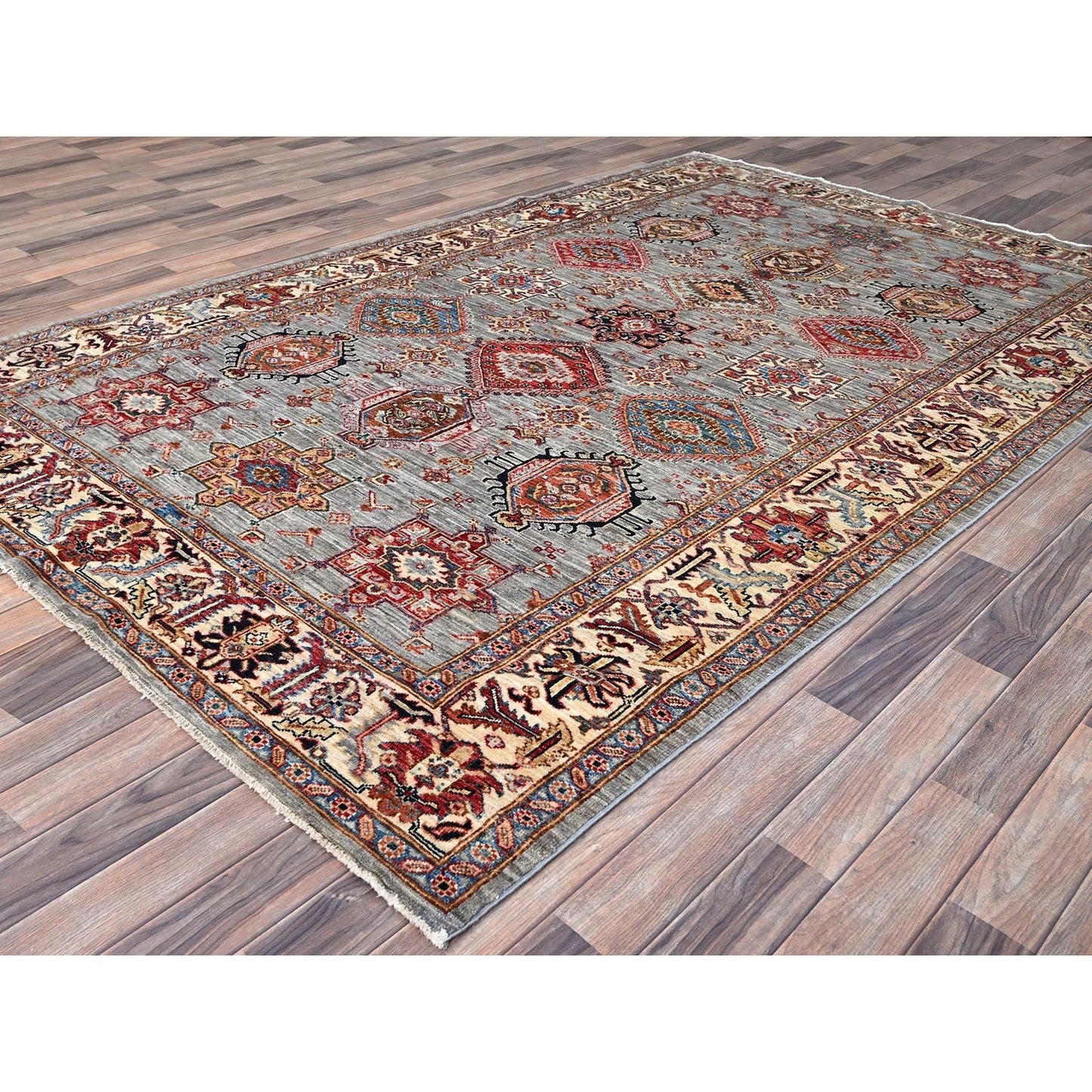 6'1"X9'6" Metallic Gray Soft Wool Super Kazak Hand Knotted Oriental Rug