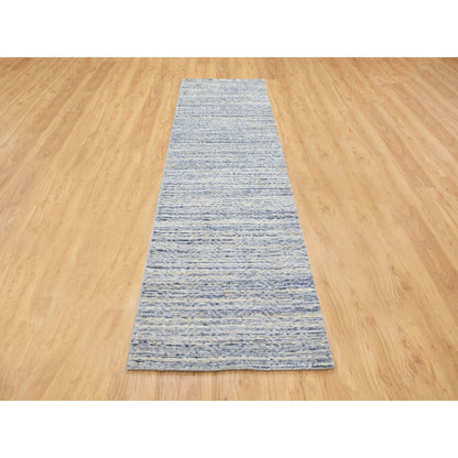 2'6"X9'9" Blue Variegated Design Hand Loomed Pure Wool Modern Runner Rug