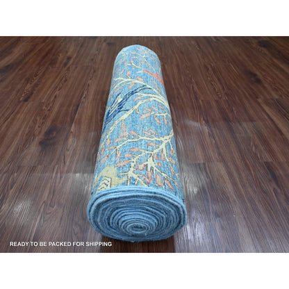 2'10"X23'6" Blue Afghan Peshawar Bird Design Wool Hand Knotted Runner Rug