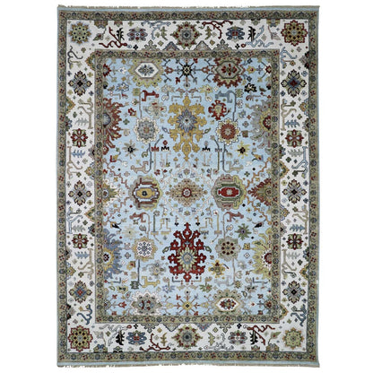 9'X12'5" Azure Sky Blue Hand Knotted Wool Agra Leaf Design Oriental Rug