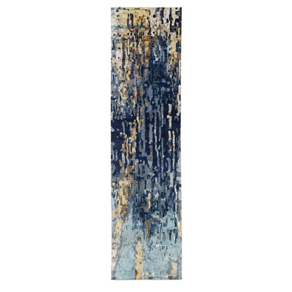2'6"X10' Denim Blue Mosaic Design Hand Knotted Wool And Silk Rug