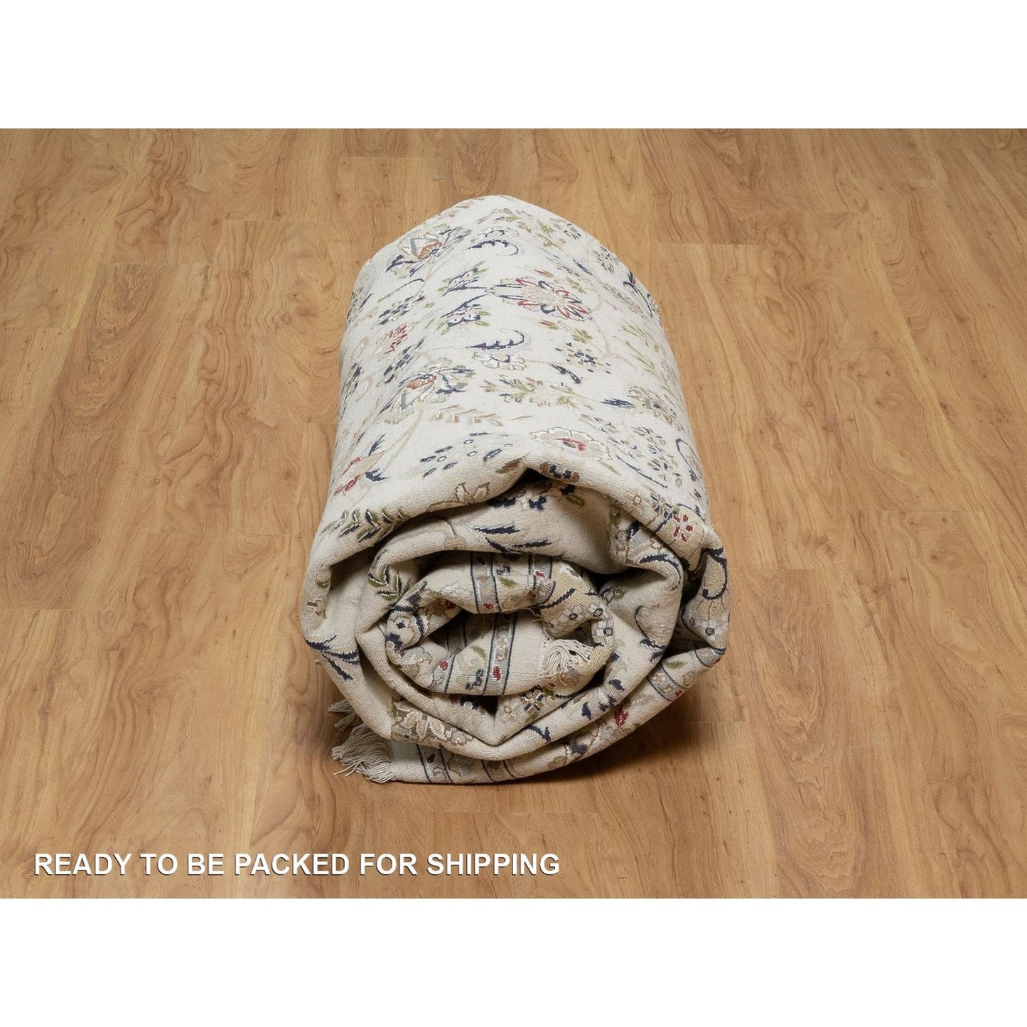 7'10"X10'3" Ivory Nain With Flower Pattern Wool And Silk Hand Knotted Rug