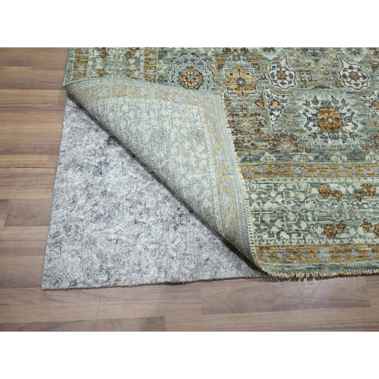 5'2"X7'2" Sage Green Pure Wool Rug Pre Historic Mamluk Design Hand Knotted