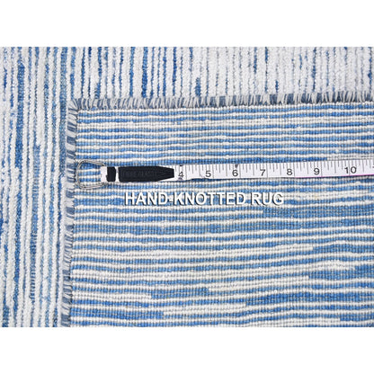 2'X3' Blue Silk With Text Wool Striae Design Hand Knotted Oriental Rug