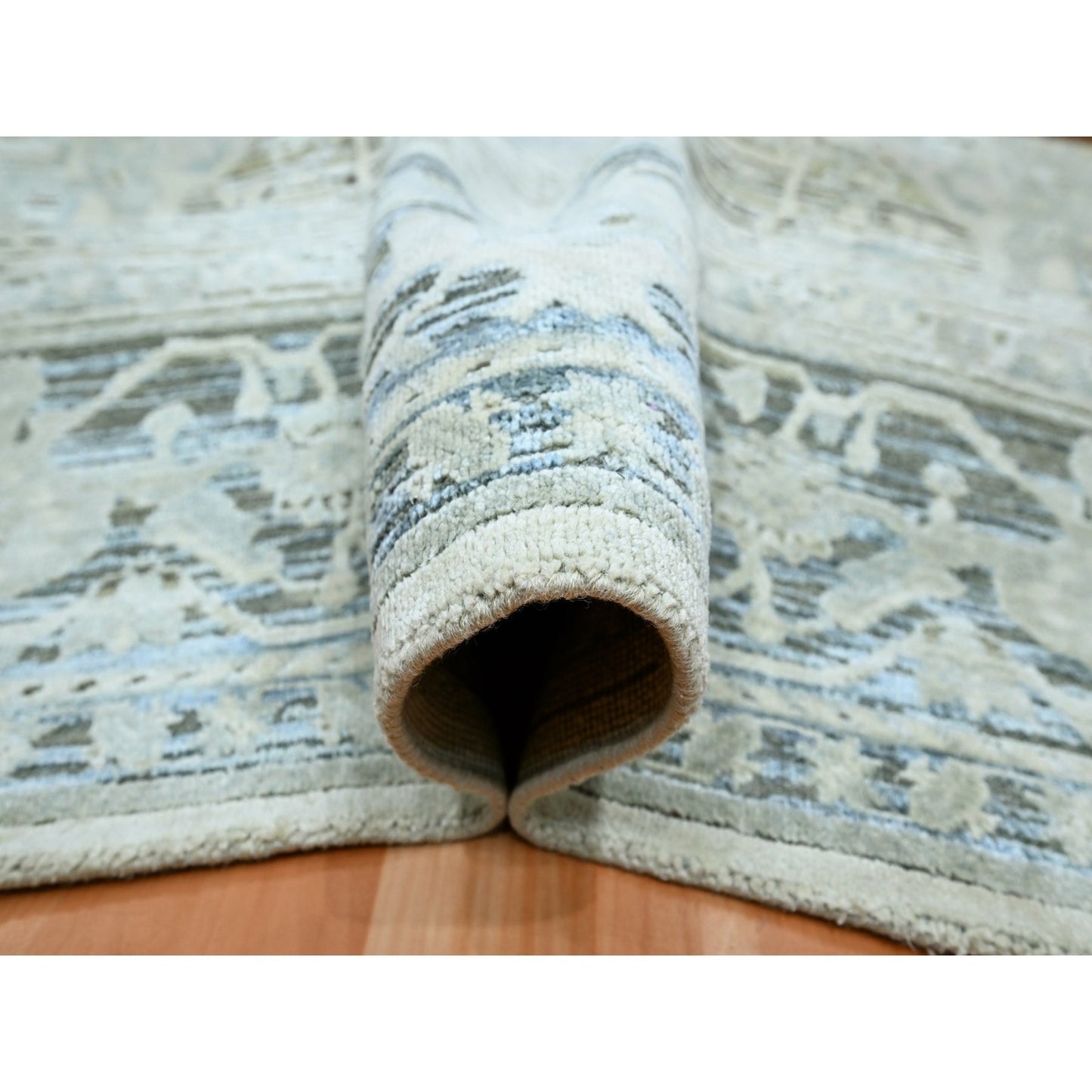 8'X9'10" Misty Gray Hand Knotted Oushak Design Silk And Oxidized Wool Rug