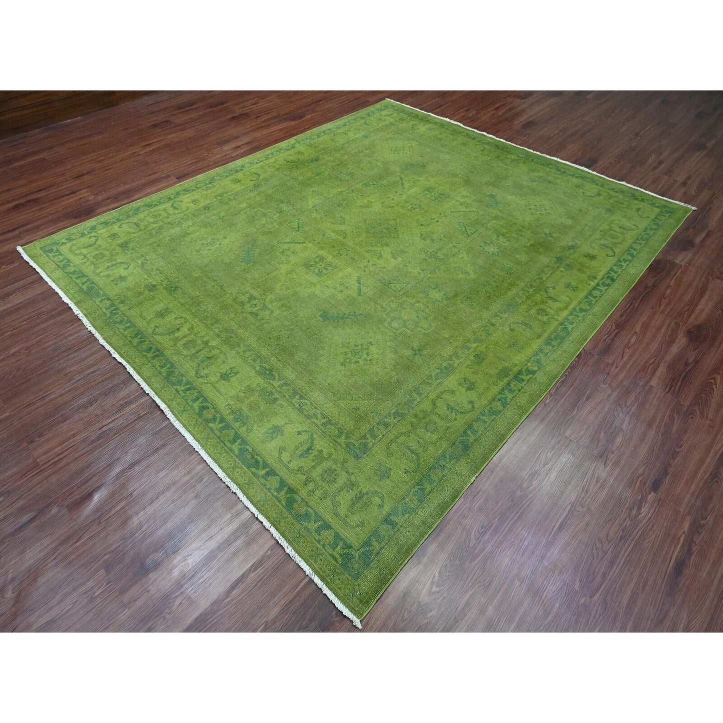 8'X9'6" Green Overdyed Kazak Geometric Pattern Hand Knotted Pure Wool Rug