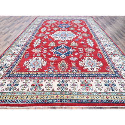 9'9"X14' Red Kazak With Tribal Medallions Design Hand Knotted Soft Wool Rug