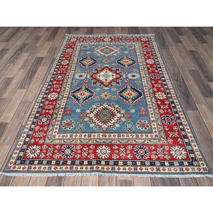 Rug 3'10"x6'3" Ruddy Blue Kazak Geometric Design Soft Wool Hand Knotted