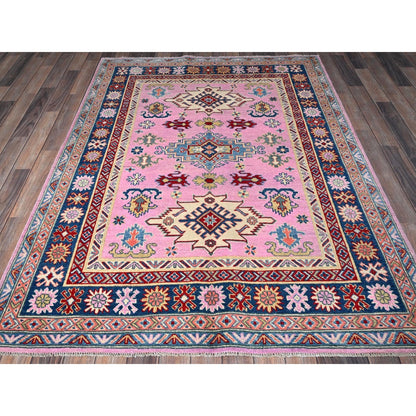 5'X6'7" Aurora Pink Kazak With Geometric Design Hand Knotted Pure Wool Rug