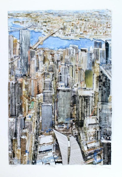 Gottfried Salzmann "New York - East River" Mixed Media On Paper Signed