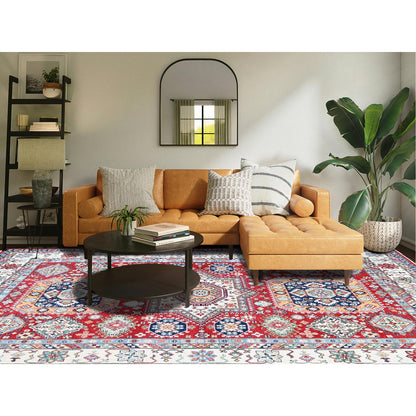 9'1"X11'9" Berry Red Kazak With Geometric Design Hand Knotted Soft Wool Rug