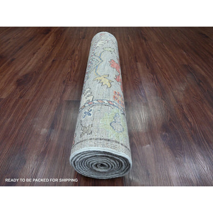 3'X11'7" Gray Hand Knotted Angora Oushak Leaf Design Pure Wool Runner Rug
