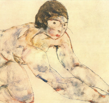 Egon Schiele Kneeling Nude " Offset Lithograph Art Nouveau