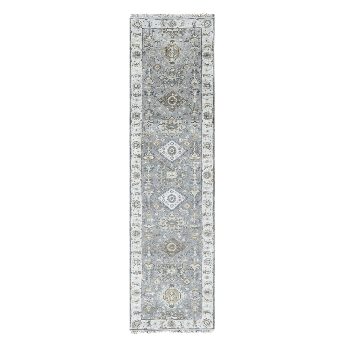 2'7"X10' Gray Karjihooz Design Natural Wool Hand Knotted Runner Rug