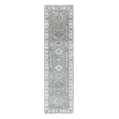2'7"X10' Gray Karjihooz Design Natural Wool Hand Knotted Runner Rug