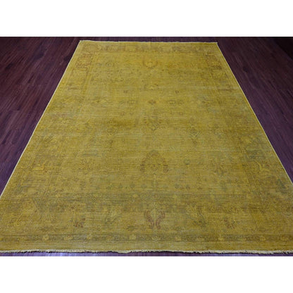 7'7"X9'7" Yellow Overdyed Zero Pile Tribal Design Hand Knotted Wool Rug