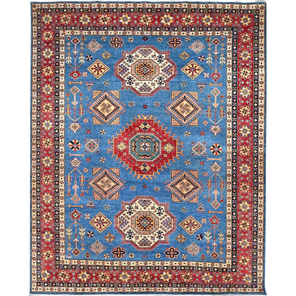 9'2"X11'4" Blue Special Kazak Geometric Design Hand Knotted Wool Rug