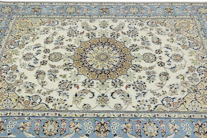 5X7 Handmade Indo-Nain Oriental Rug Cream Light Blue Floral Medallion Carpet