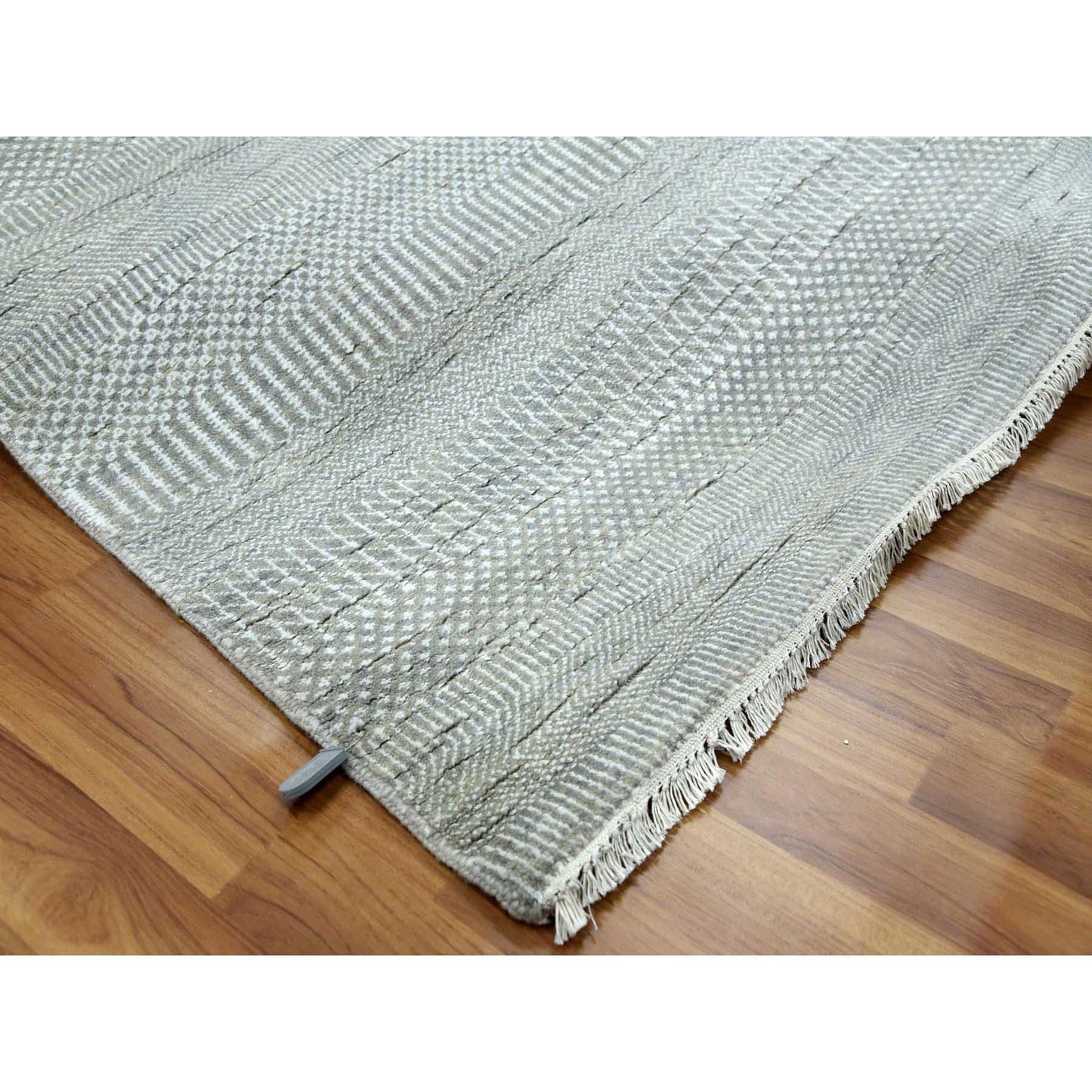 9'X12'1" Battleship Gray Wool And Silk Hand Knotted Grass Design Rug