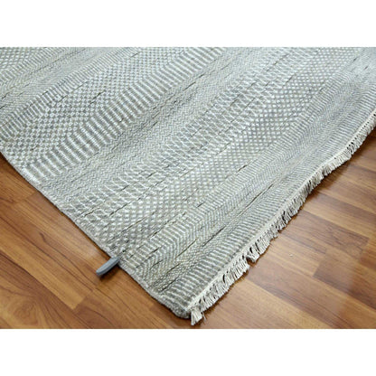 9'X12'1" Battleship Gray Wool And Silk Hand Knotted Grass Design Rug