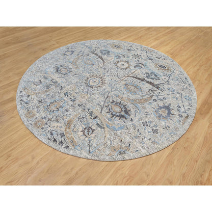 10'X10' Tahira White Hand Knotted Silk And Wool Sickle Leaf Round Rug