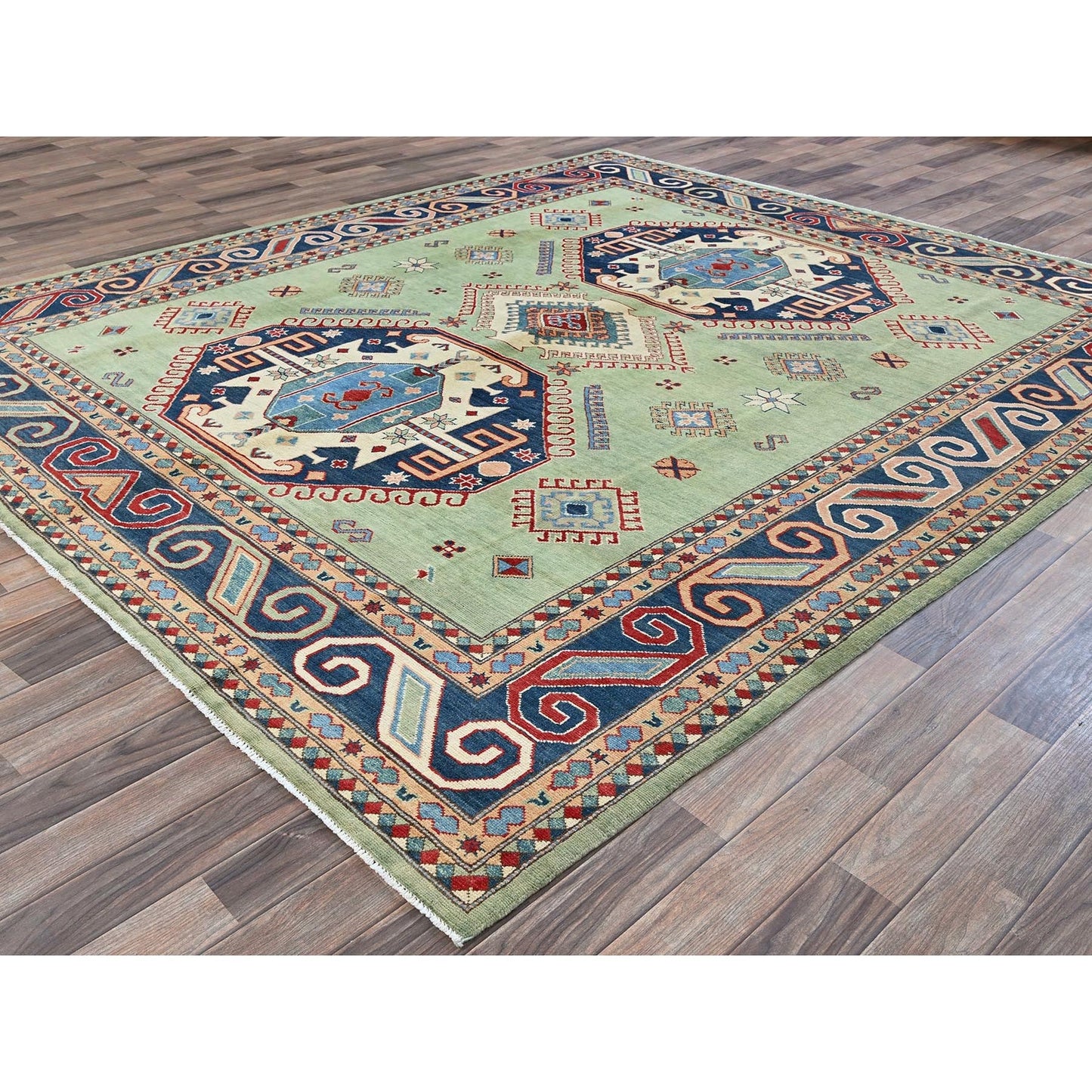 8'4"X9'7" Green Afghan Special Kazak Geometric Design Wool Hand Knotted Rug