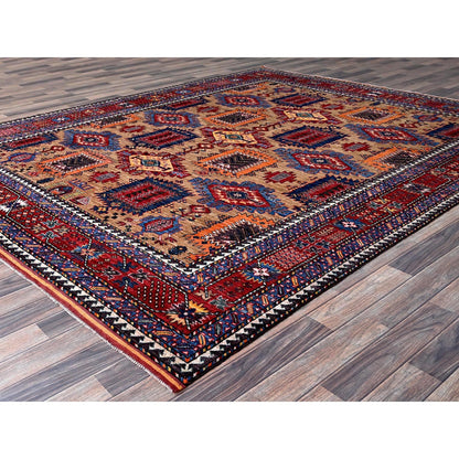 8'3"X9'9" Beige Afghan Caucasian Design Revival Hand Knotted Soft Wool Rug