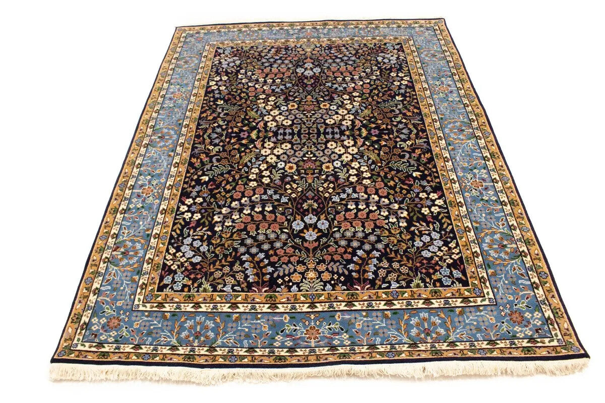 Handmade Extra Fine Kirman Oriental Rug Navy Blue Floral Classic Design 6X8 Ft