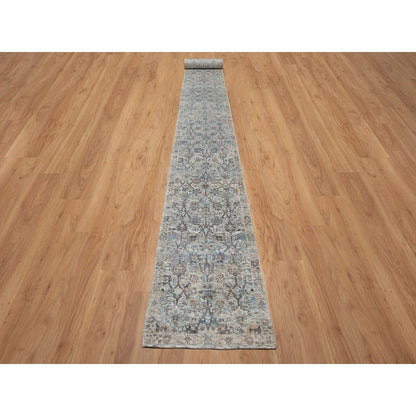 2'7"X25'9" White Sickle Leaf Design Silk & Wool Hand Knotted Runner Rug