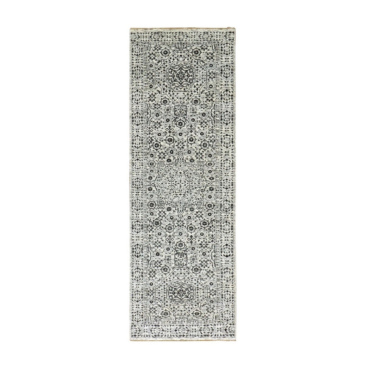 2'8"X10' White Mamluk Dynasty Design Undyed Wool Hand Knotted Runner Rug