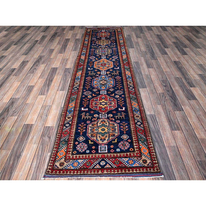 2'8"X9'6" Navy Blue Caucasian Design Revival Hand Knotted Wool Runner Rug