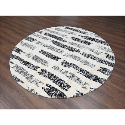 7'10"X8' Black & Ivory Wool Modern Design Hand Knotted Round Oriental Rug