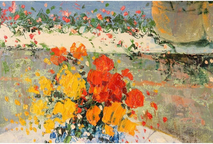 Original Oil Painting Mediterranean View Flowers Signed 20F