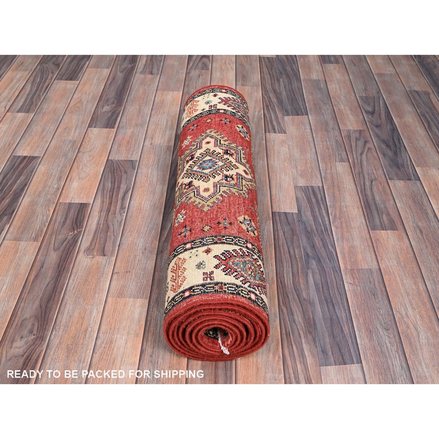 2'8"X9'6" Lattice Red Hand Knotted Afghan Special Kazak Wool Runner Rug