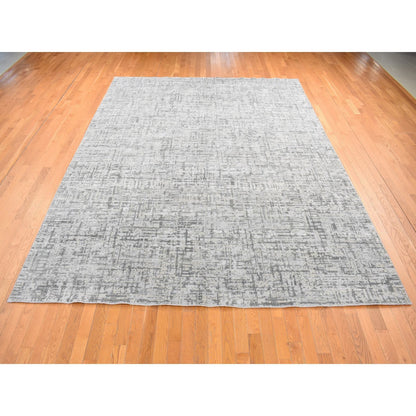 9'2"X12'3" Gray The Matrix Design Silk And Wool Hand Knotted Rug