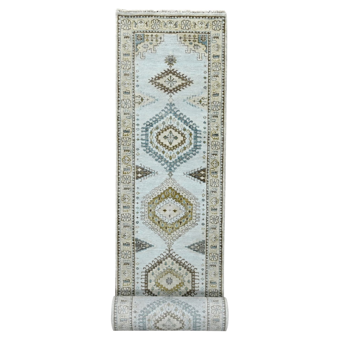 2'7"X19'10" Gray Hand Knotted Pure Wool Zoroastrian Village Xl Runner Rug
