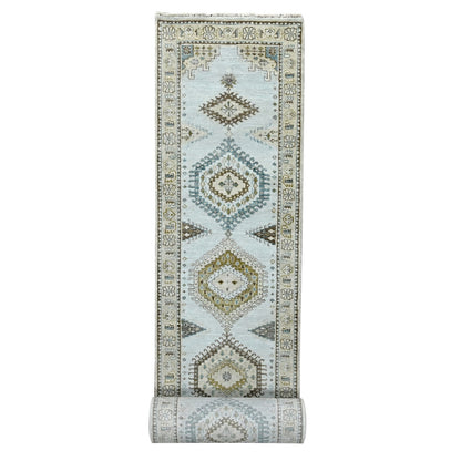2'7"X19'10" Gray Hand Knotted Pure Wool Zoroastrian Village Xl Runner Rug