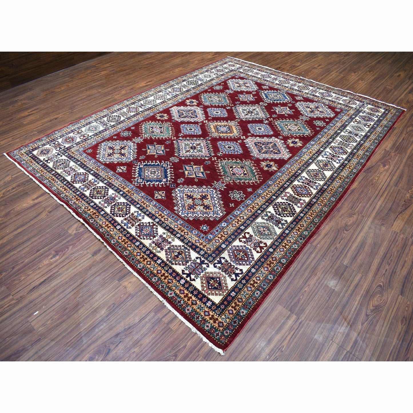 8'1"X10' Deep Red Soft Afghan Wool Hand Knotted Super Kazak Rug