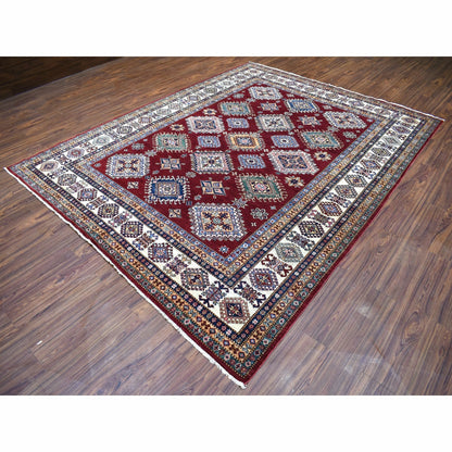 8'1"X10' Deep Red Soft Afghan Wool Hand Knotted Super Kazak Rug