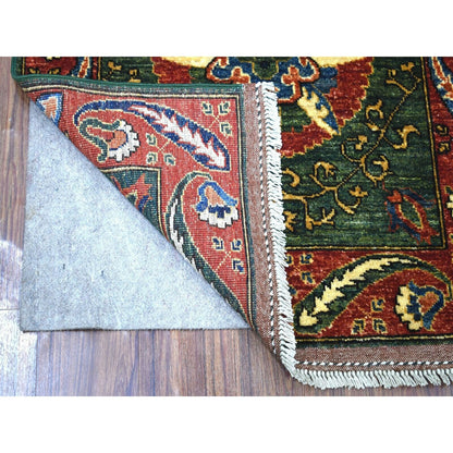 2'9"X9'7" Hand Knotted Green Afghan Turkoman Ersari Tribal Design Rug