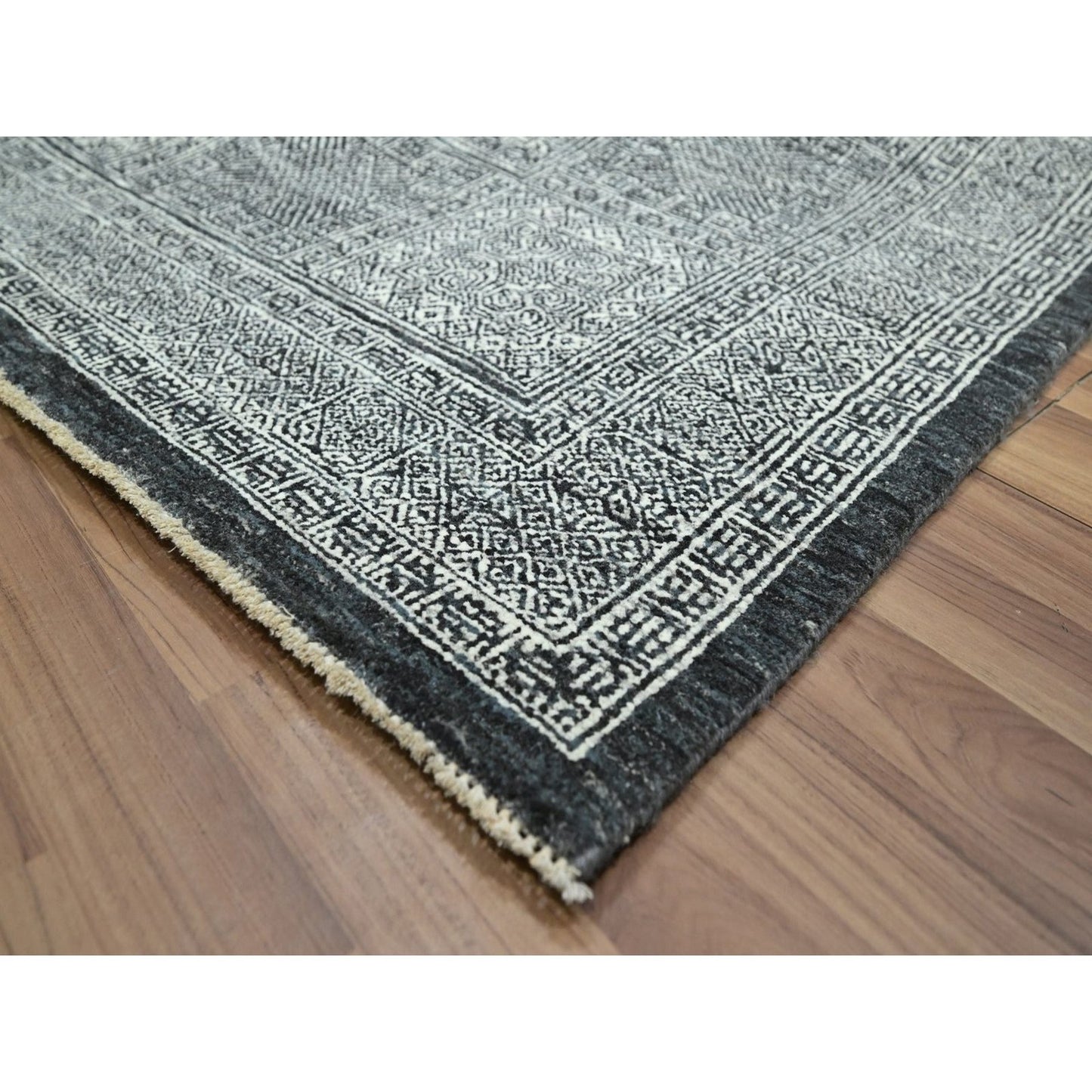 8'10"X12' Charcoal Gray Hand Knotted Wool Rug Garden Design Tone On Tone