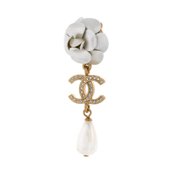 Chanel Camellia Cc Teardrop Dangle Earrings Metal With Crystals And Faux Pearl