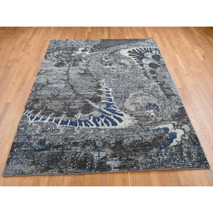8'1"X10'1" Gray Broken Flower Design Pure Wool Hand Knotted Rug