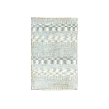 2'X3' Ivory-Gray Hand Knotted Modern Grass Design Wool And Silk Mat Rug