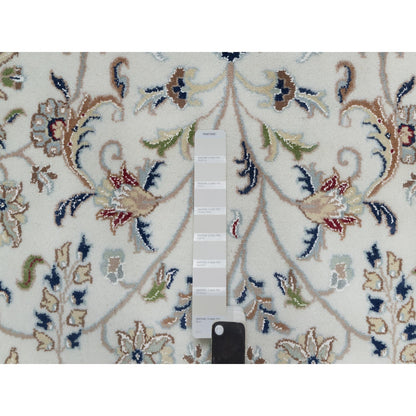 9'X12'1" White Hand Knotted Nain Flower Design Wool And Silk 250 Kpsi Rug