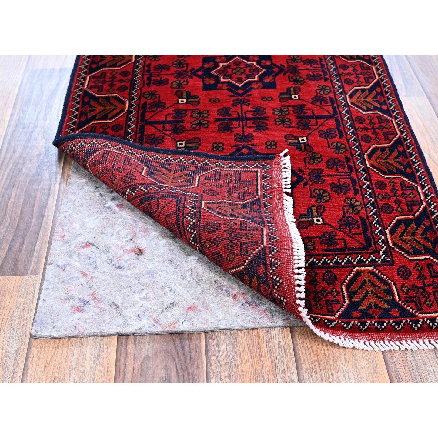 1'9"X4'8" Red Afghan Khamyab Geometric Pattern Wool Hand Knotted Runner Rug